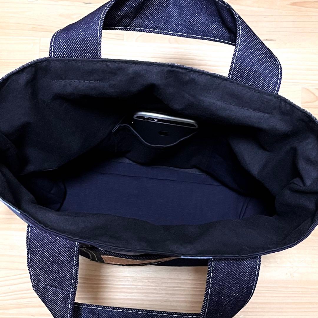 デニムリメイク タータンチェック 黄赤紺 巾着 ショルダーバッグ★ハンドメイドM