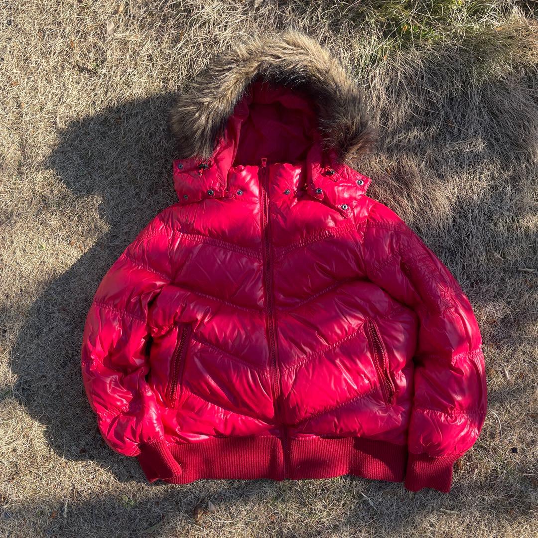 オールドユニクロ　ファー、フード取り外し可　短丈　ダウンジャケット　レッド　光沢
