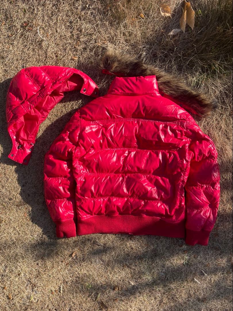 オールドユニクロ　ファー、フード取り外し可　短丈　ダウンジャケット　レッド　光沢