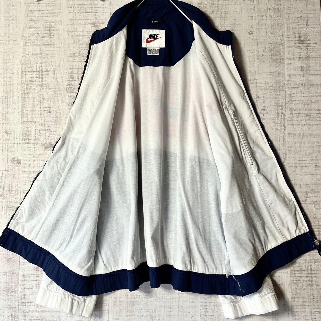 90s NIKE ナイキ ナイロンジャケット 銀タグ ビッグロゴ 紺白 刺繍 M