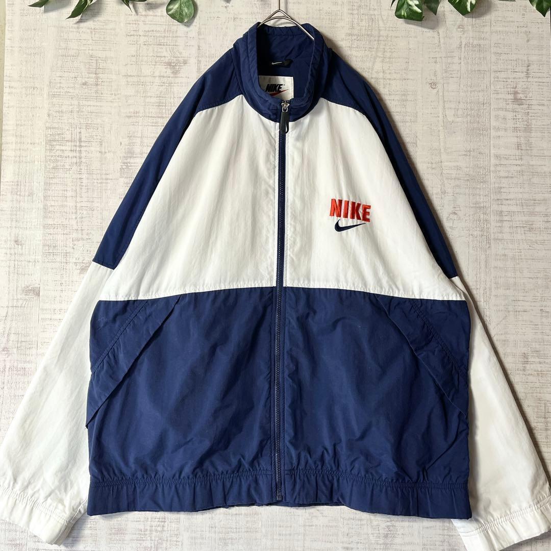 90s NIKE ナイキ ナイロンジャケット 銀タグ ビッグロゴ 紺白 刺繍 M