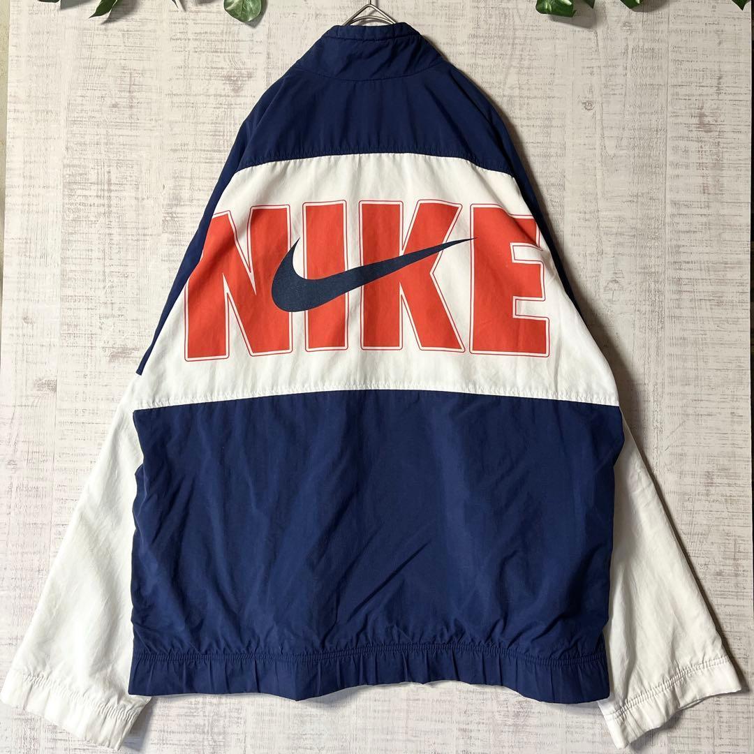 90s NIKE ナイキ ナイロンジャケット 銀タグ ビッグロゴ 紺白 刺繍 M