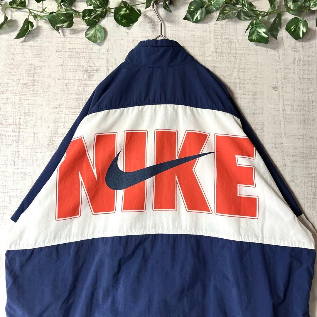 90s NIKE ナイキ ナイロンジャケット 銀タグ ビッグロゴ 紺白 刺繍 M
