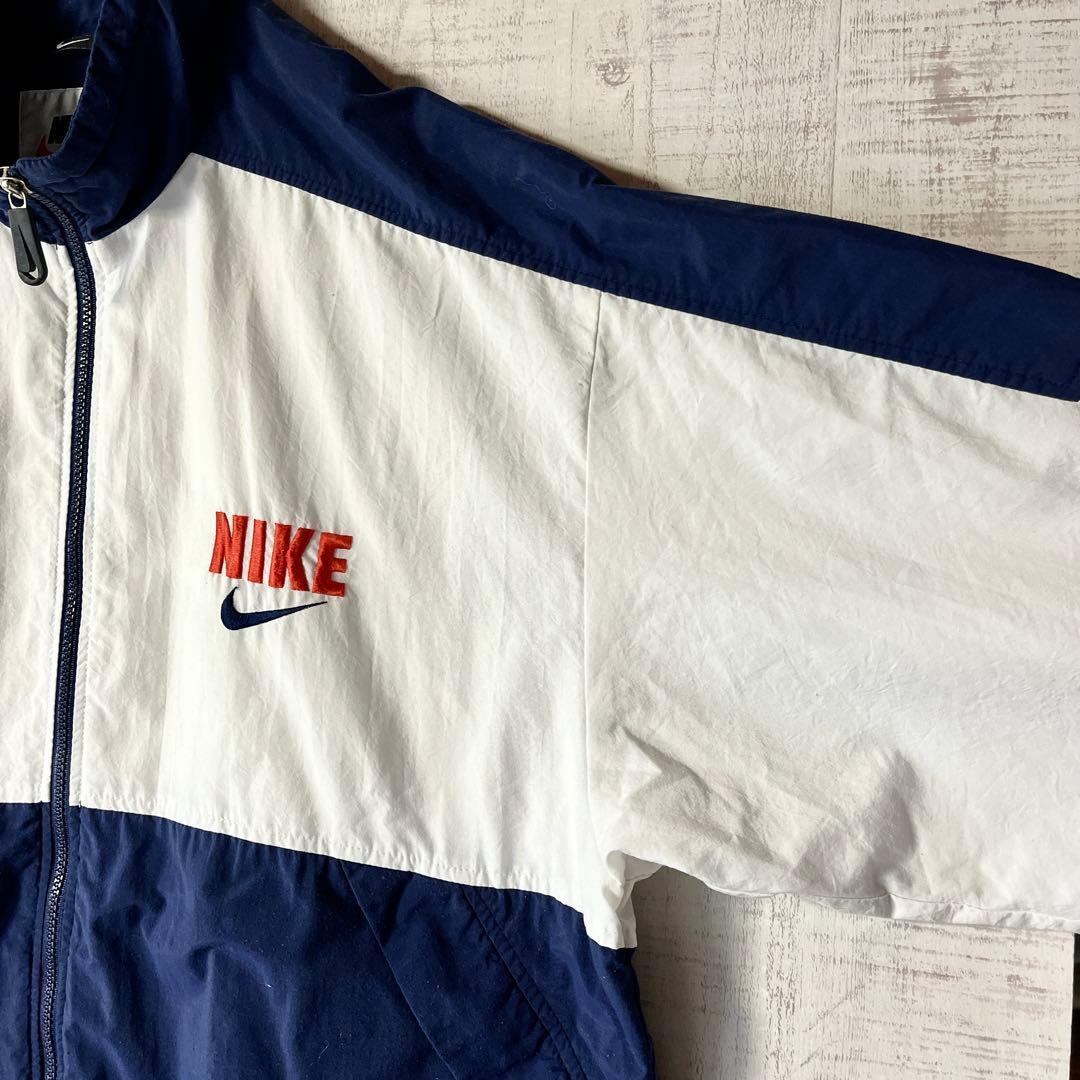 90s NIKE ナイキ ナイロンジャケット 銀タグ ビッグロゴ 紺白 刺繍 M