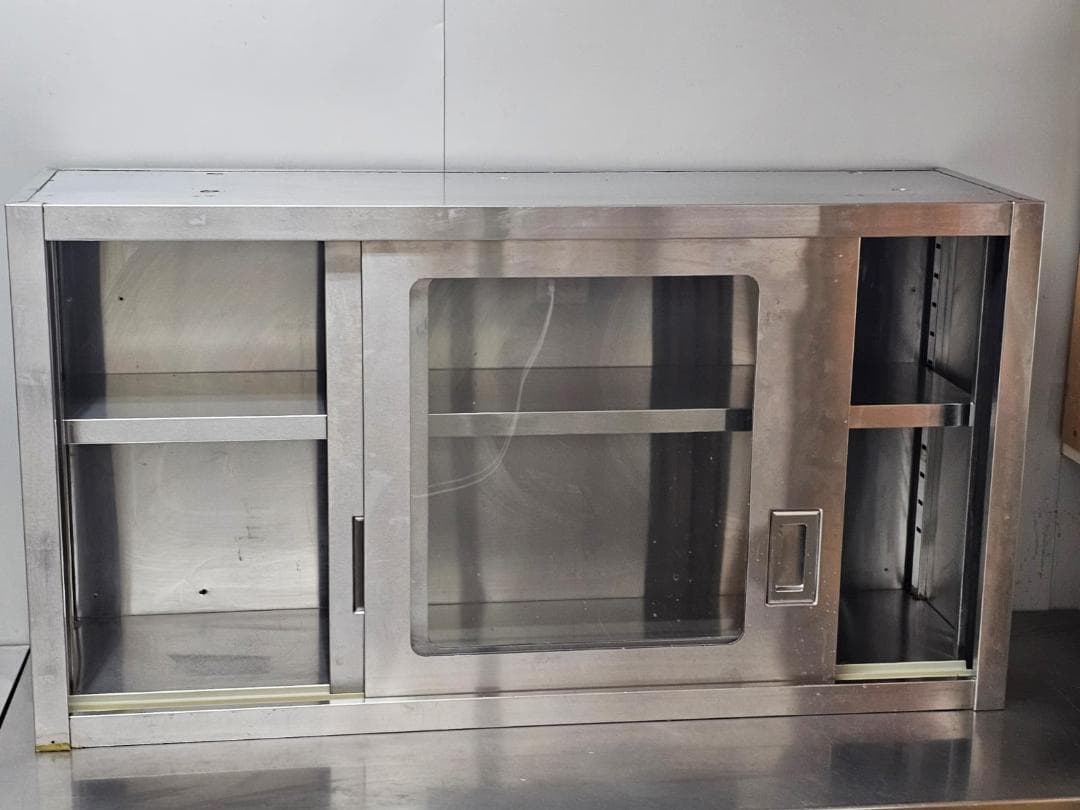 業務用ステンレス吊り戸棚 ガラス引き戸付き（幅120×奥行35×高さ64cm）