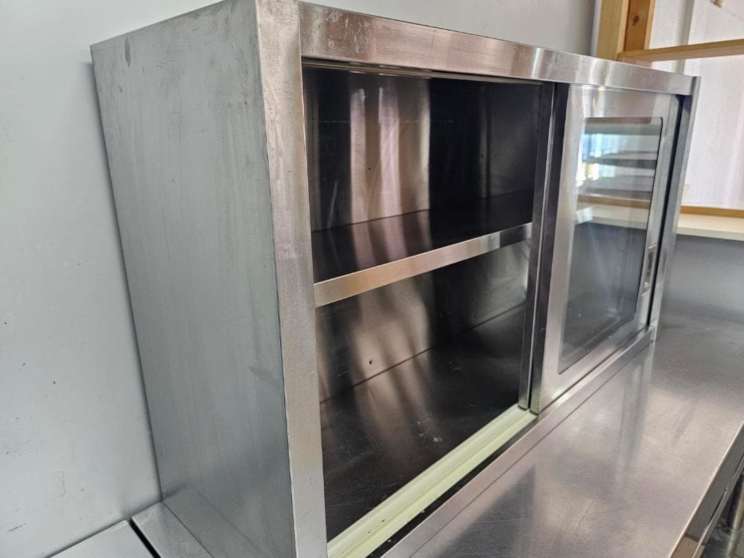 業務用ステンレス吊り戸棚 ガラス引き戸付き（幅120×奥行35×高さ64cm）