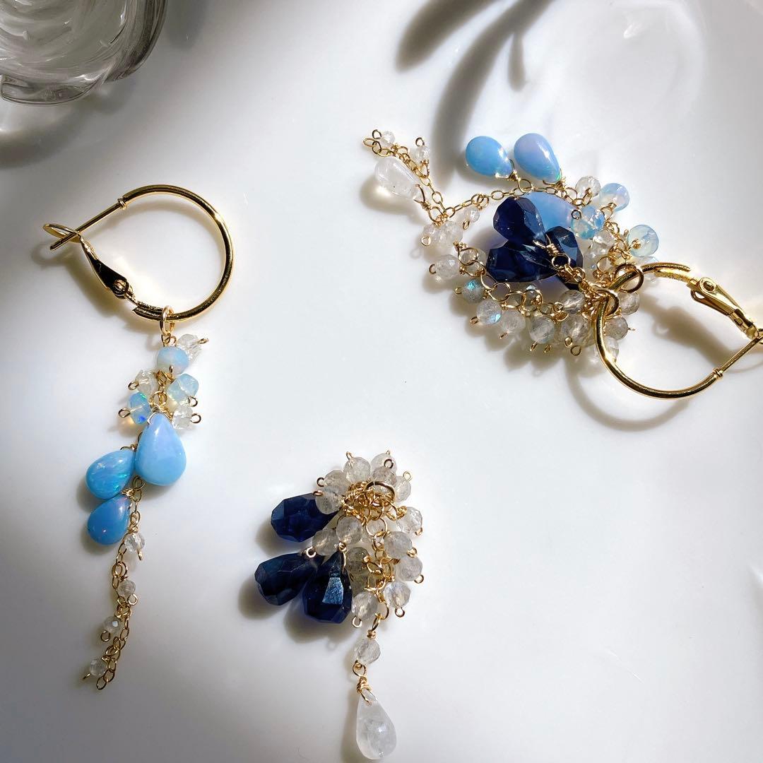 白妙◆サファイア×ラブラドライト/オパール×ホワイトトパーズ フープピアス