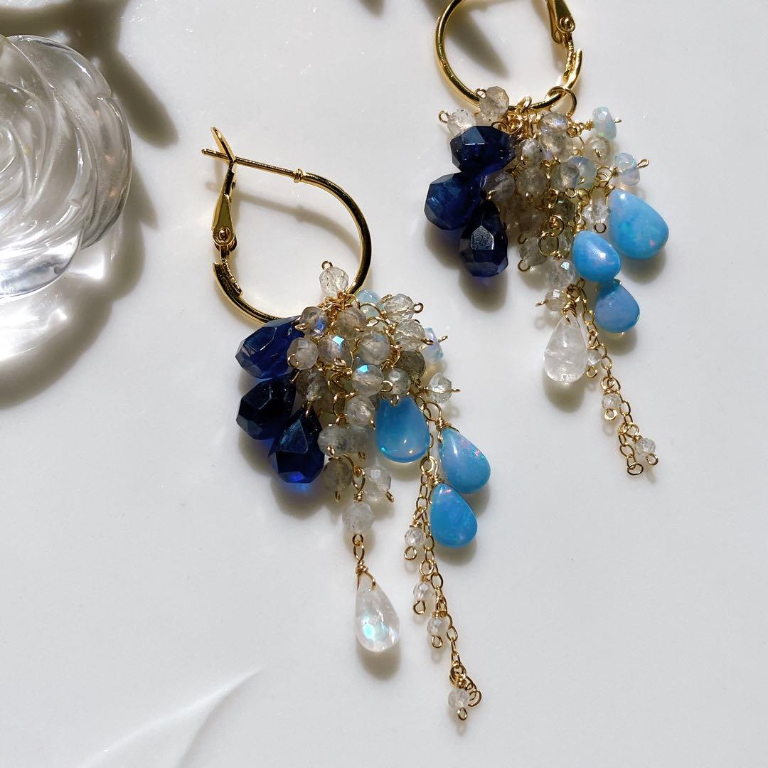 白妙◆サファイア×ラブラドライト/オパール×ホワイトトパーズ フープピアス