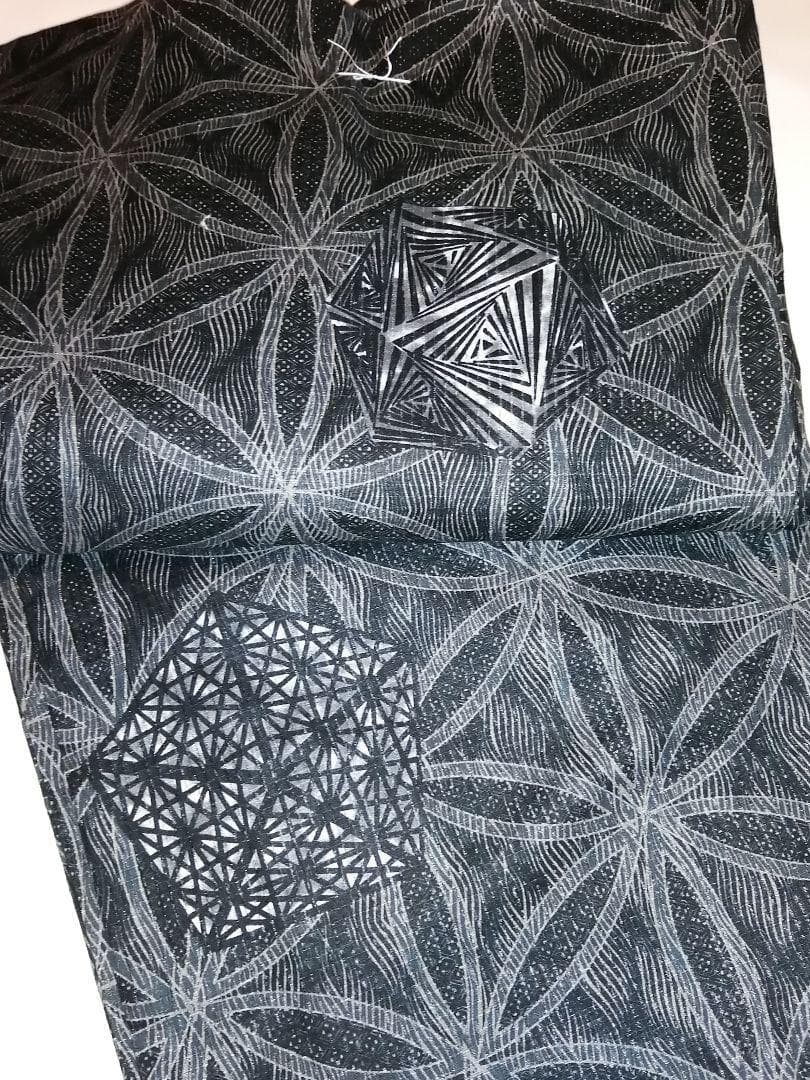 ★なおはる★サロン浴衣 縦絽 細密染 麻の葉柄 黒茶系