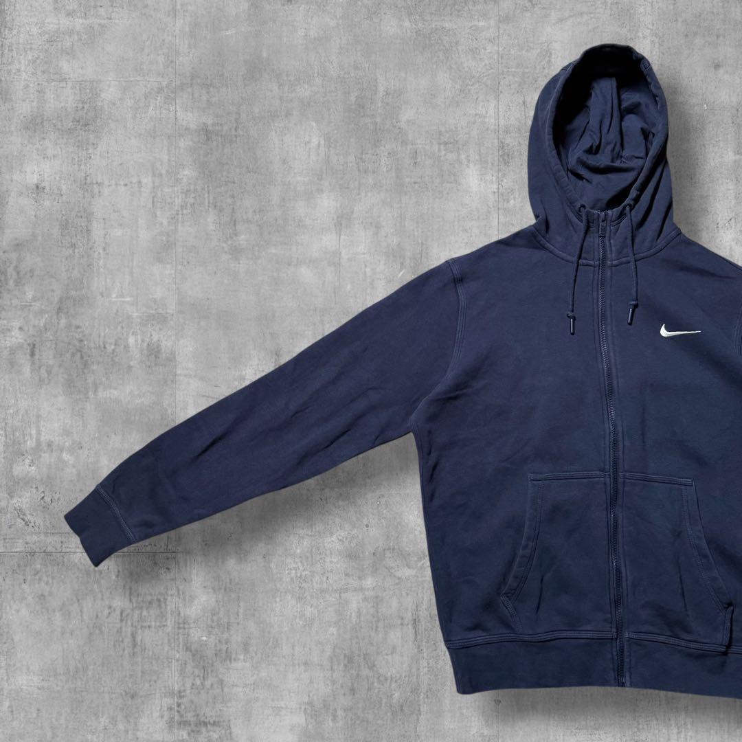 2461 古着NIKEナイキフルジップスウェットパーカー刺繍ロゴ短丈茄子紺Y2K