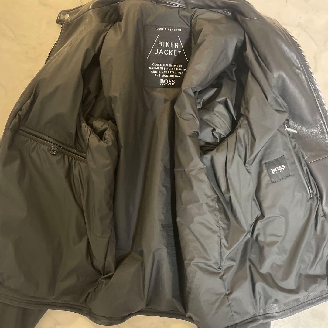 BOSS ブラックレザー シングルライダースジャケット