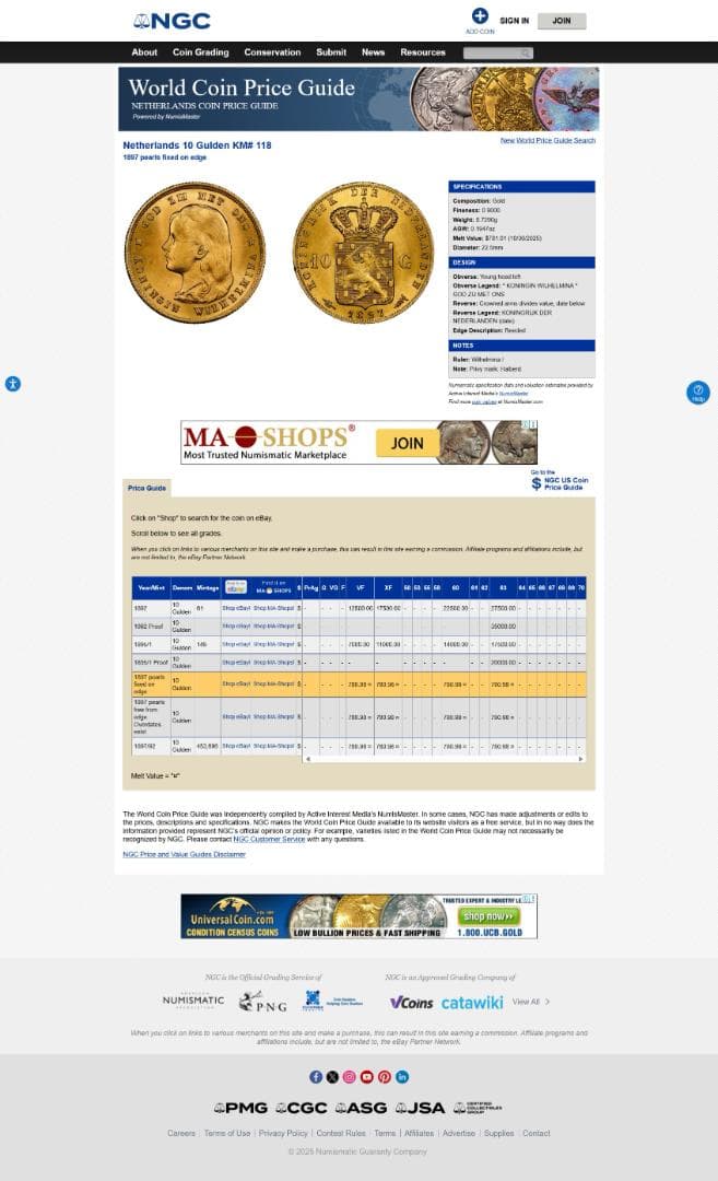 NGC-MS62 1897 ウィルヘルミナ 幼年期 金貨　ネーデルランド王国