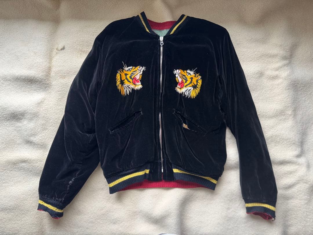 超スペシャル 50s ヴィンテージ スカジャン 別珍 黒 顔虎 鷹 富士山