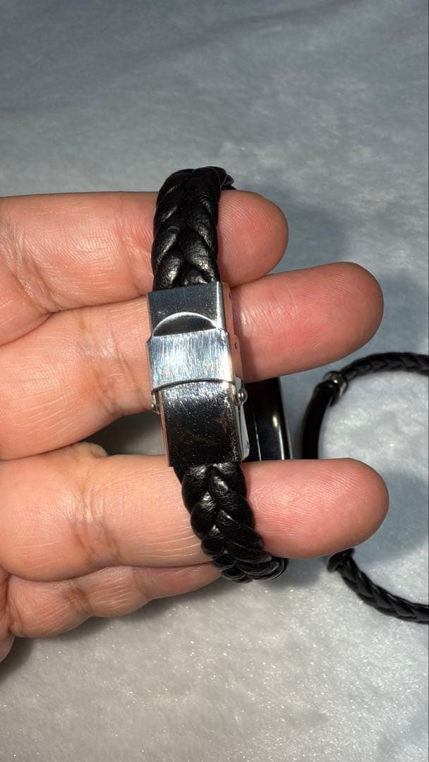 セリコパラサイト隕石 レザー編み×ステンレス ブレスレット メンズサイズ