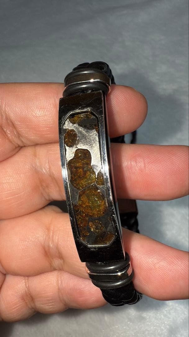 セリコパラサイト隕石 レザー編み×ステンレス ブレスレット メンズサイズ