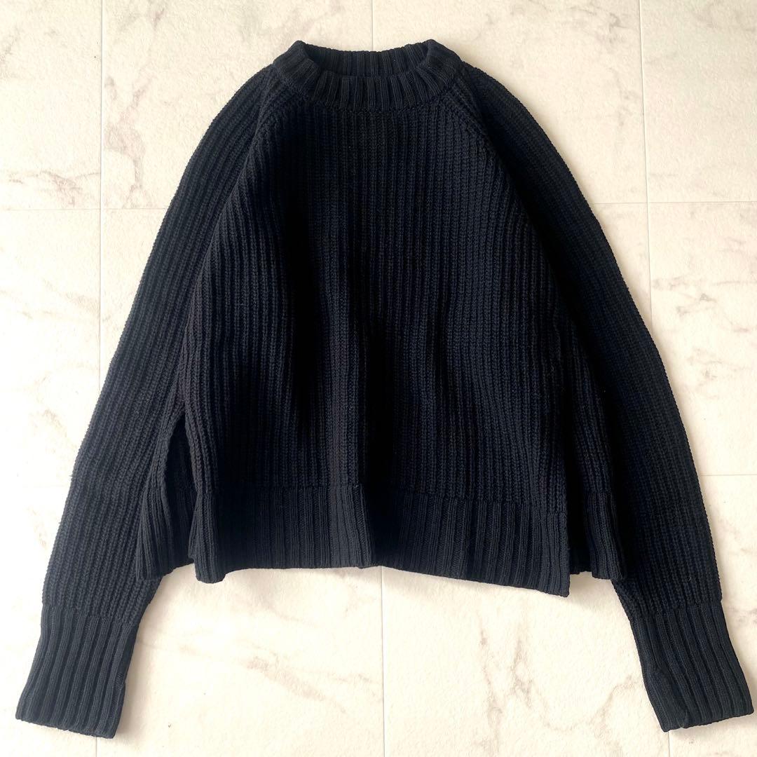 美品☆アドーア ウール あぜ編み クルーネックニット 裾スリット ゆったり 黒