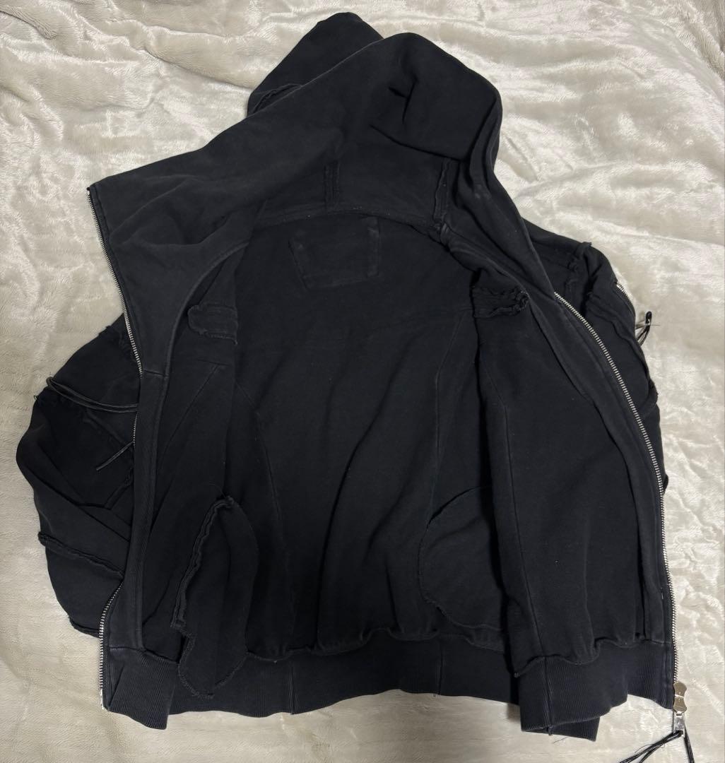 古着 FLYERRER 変形ジップパーカー フーディー ブラック Lサイズ