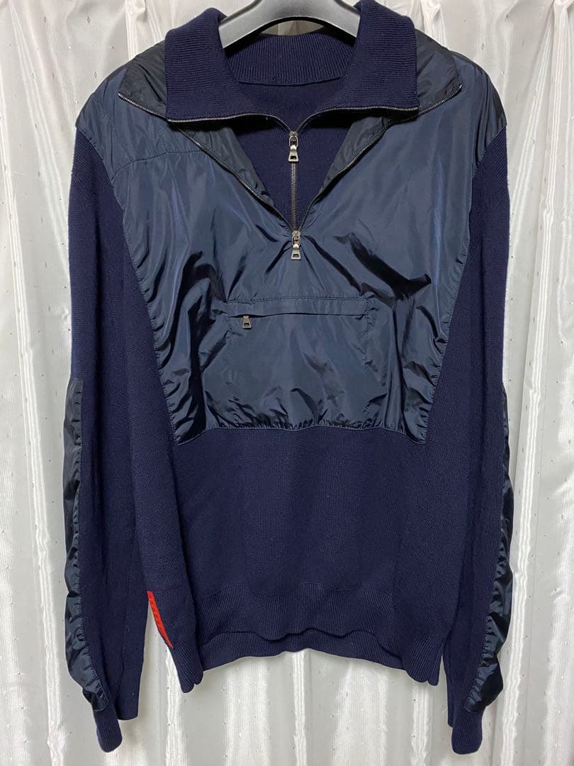 PRADA SPORT 00s ナイロンレイヤードニット ハーフジップ ネイビー