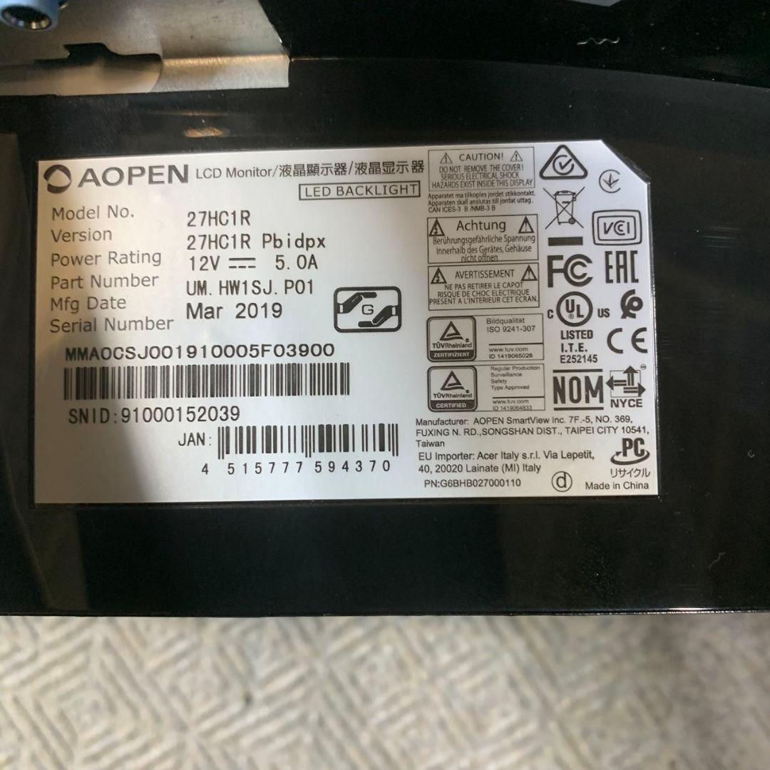 J423\" AOPEN 27HC1R 27インチ 1800R 曲線 フルHD