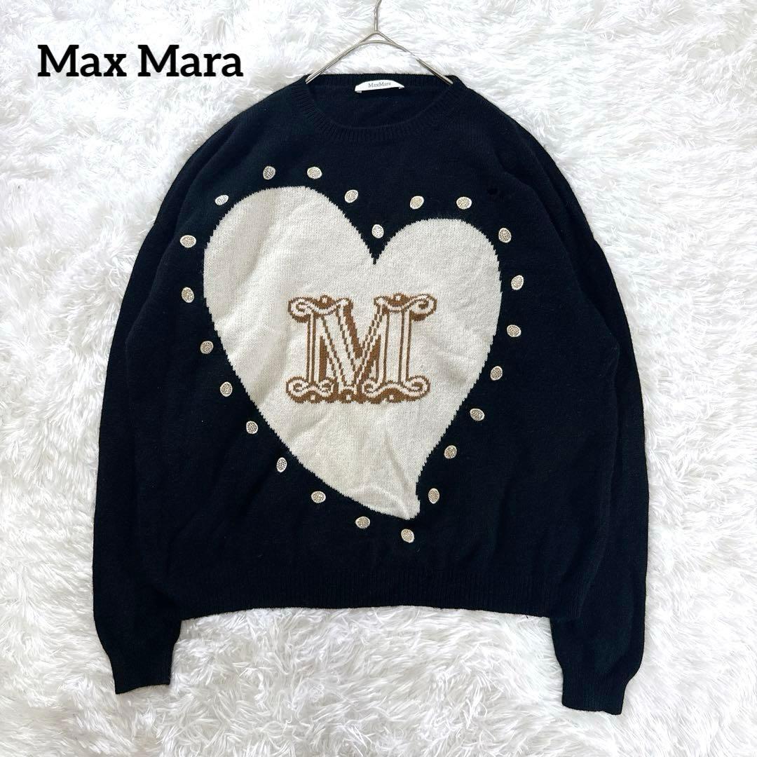 マックスマーラ ニット セーター カシミヤ M 黒 ハート ビッグロゴ 白タグ
