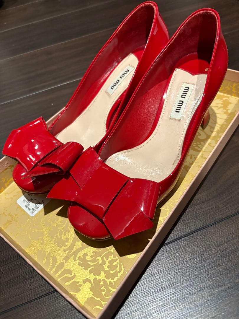 【箱付き】MIU MIU ミュウミュウ 赤 エナメル リボン パンプス 36