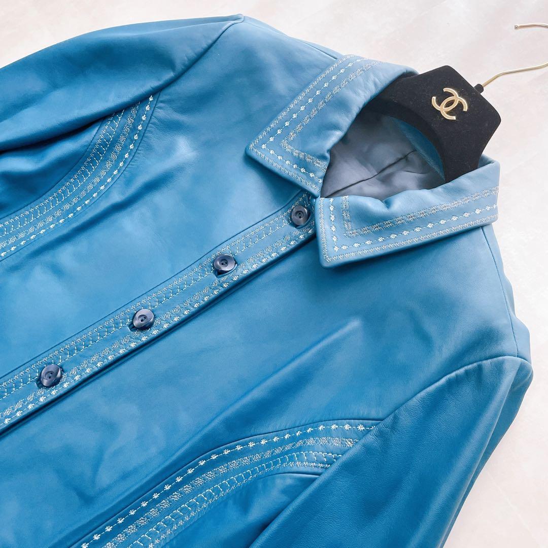 美品✨レリアン 羊革ジャケット 刺繍 13+ 大きいサイズ ブルー系