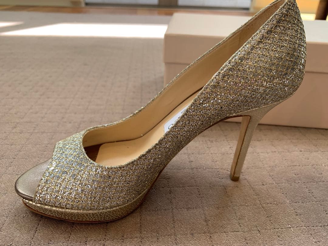 靴 JIMMY CHOO GLITTER FABRIC CHAMPAGNE 35