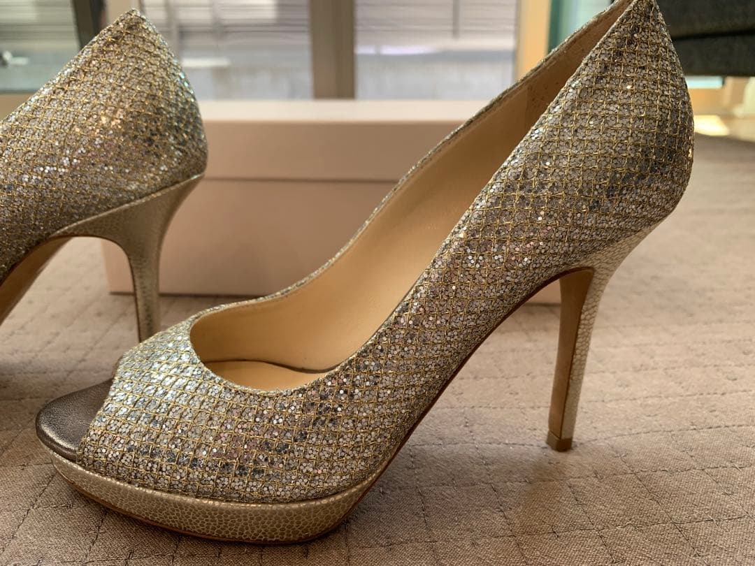 靴 JIMMY CHOO GLITTER FABRIC CHAMPAGNE 35