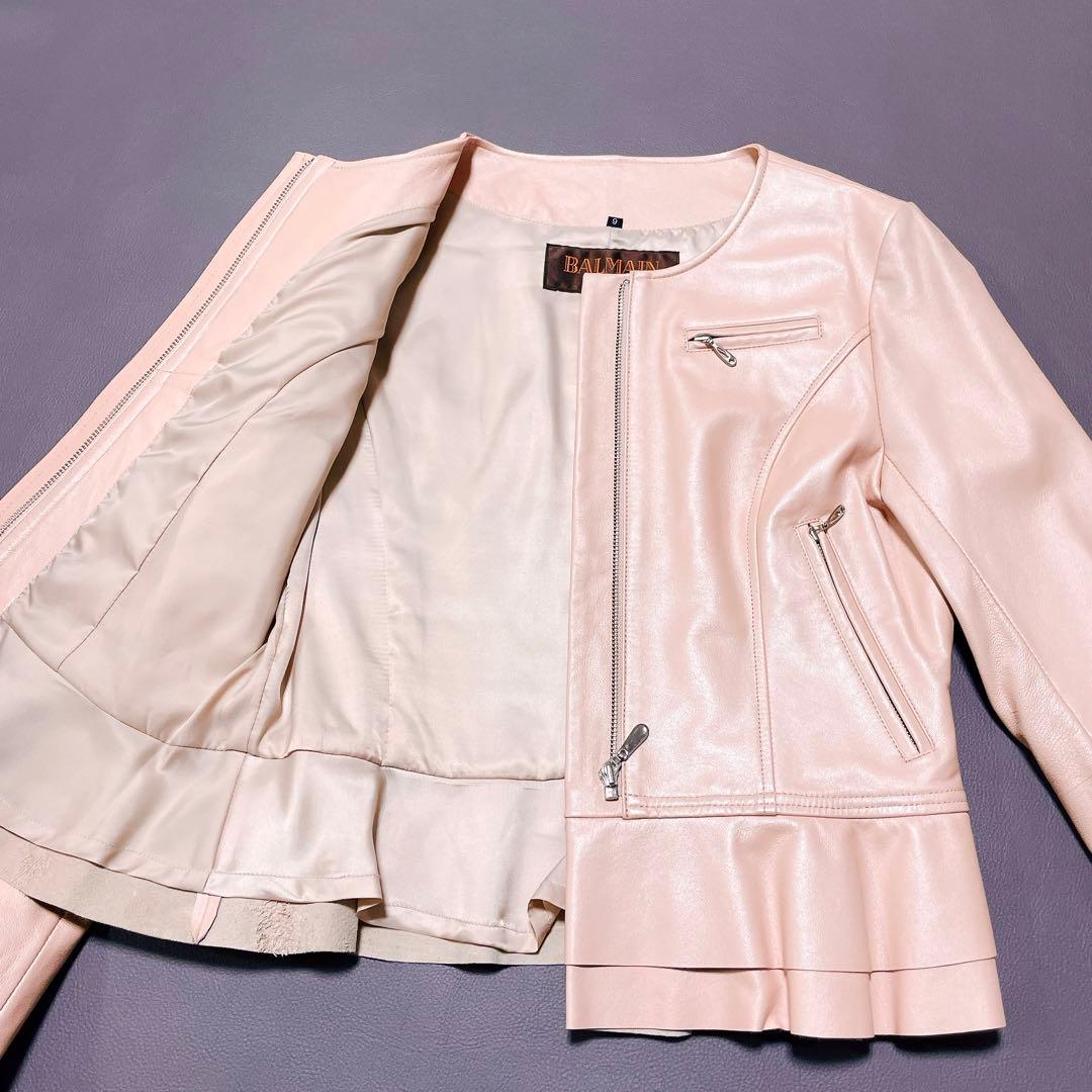★美品★バルマン　レザージャケット　ノーカラー　ペプラム　羊革 　9号(578)