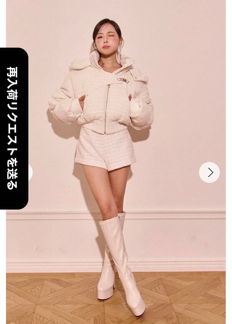 新品タグ付き Randy アシンメトリーバックルツイードパデットジャケット 白