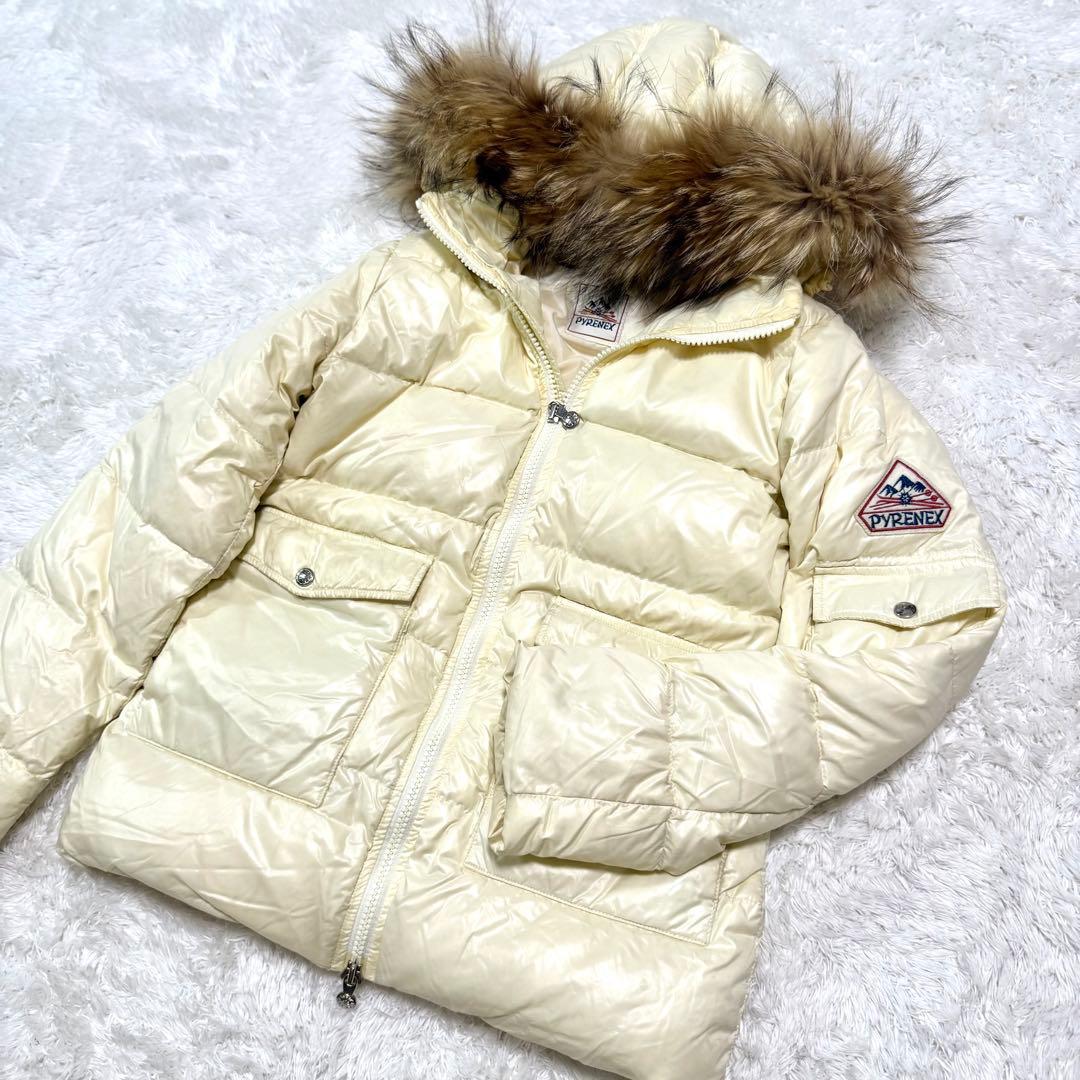 美品 2wayピレネックス ダウンジャケット M ロゴ ラクーンファー フード