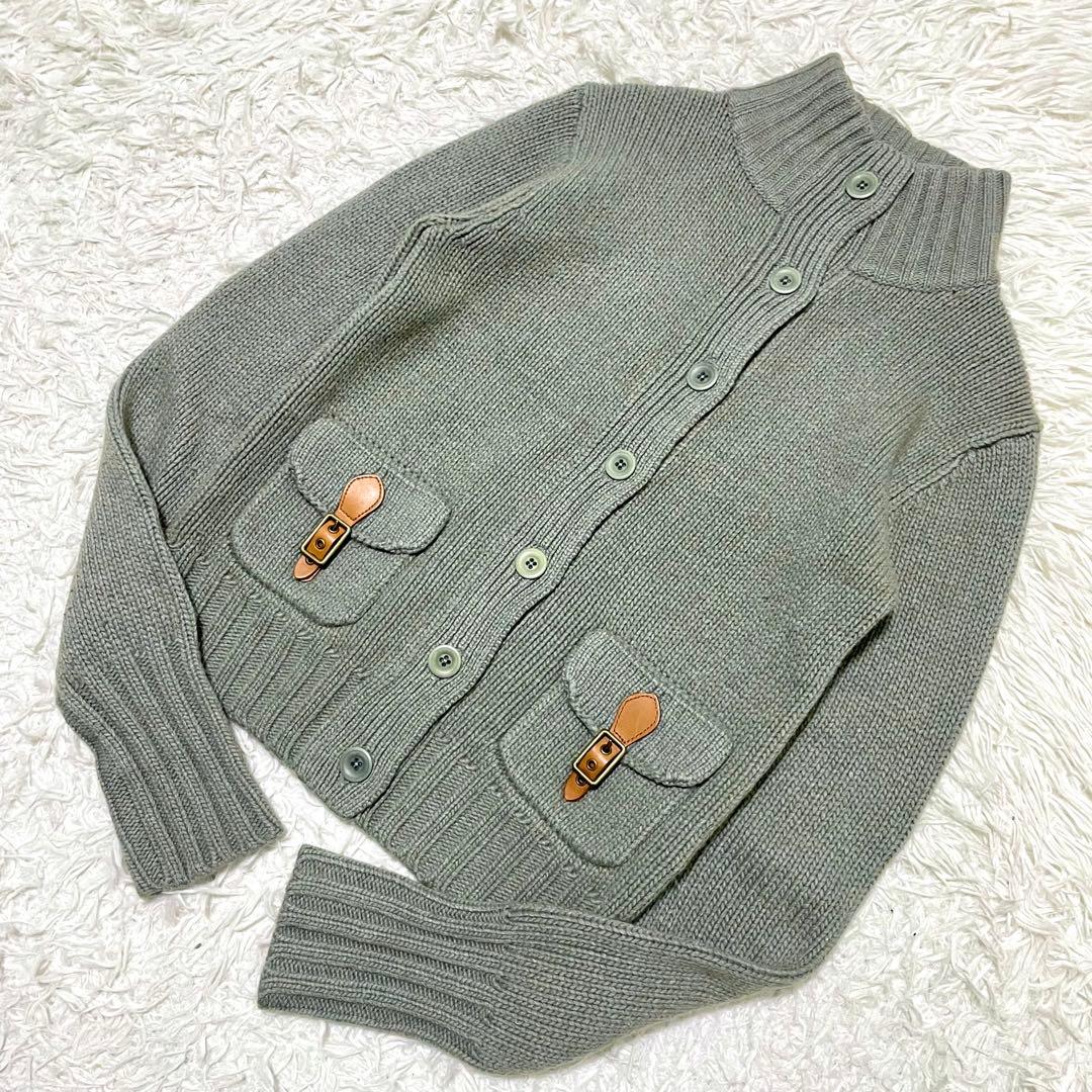 極美品/XL相当 ラルフローレン カシミヤ ケーブルニット レザー オリーブ色