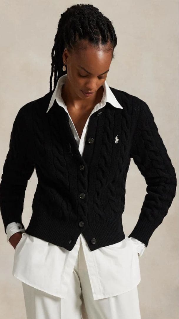 カシミヤ混　POLO ラルフローレン ケーブルニット カーディガン ブラック