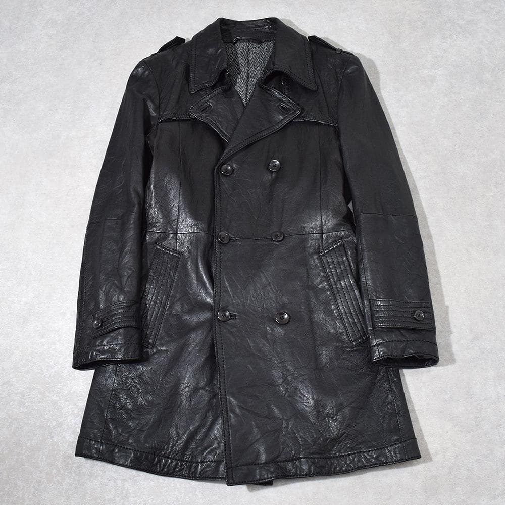 y2k TORNADO MART シワ加工 羊革 レザーコート 裏地ツイード 黒