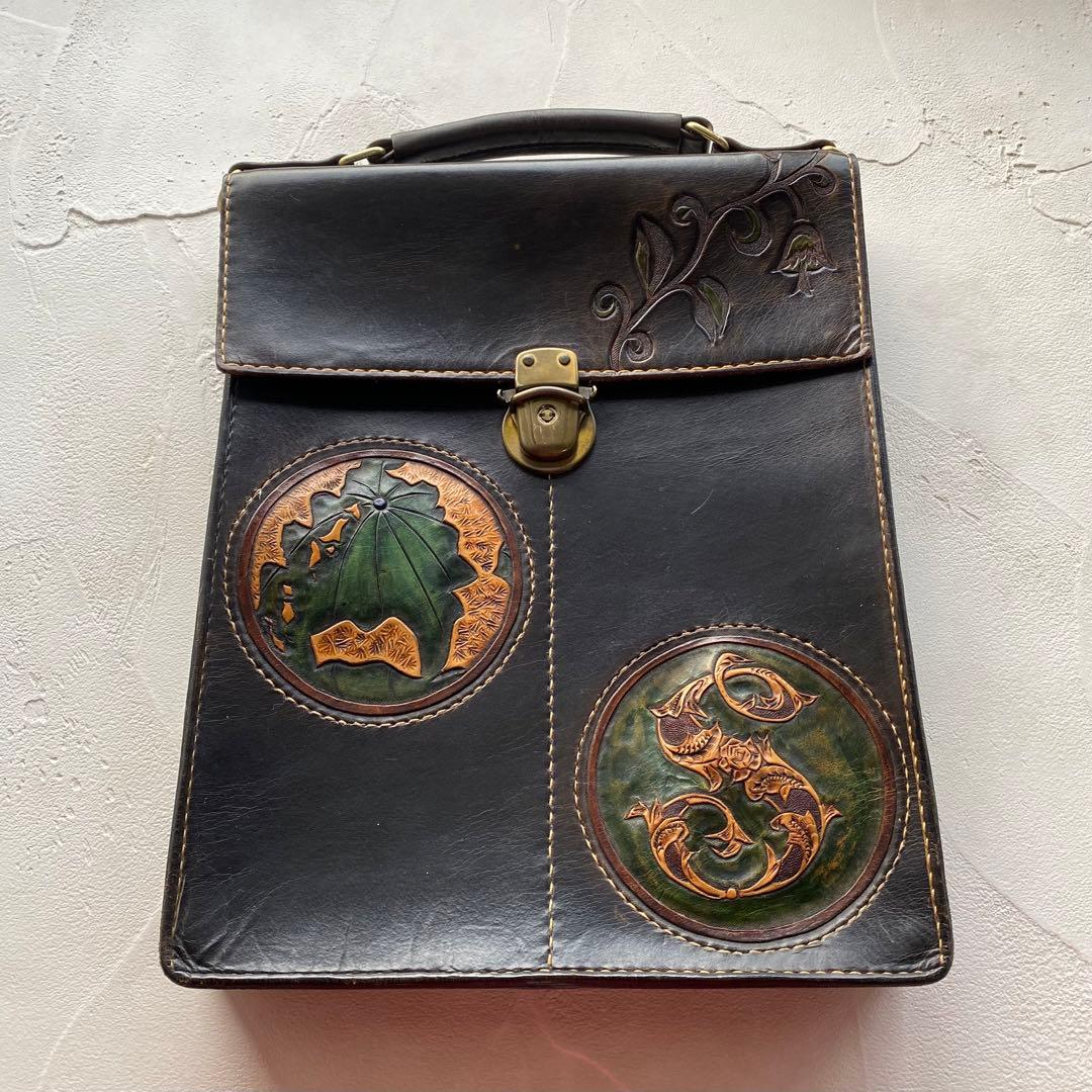 レザー カービング 書類バッグ ビジネスバッグ 手縫い 革細工 レザークラフト