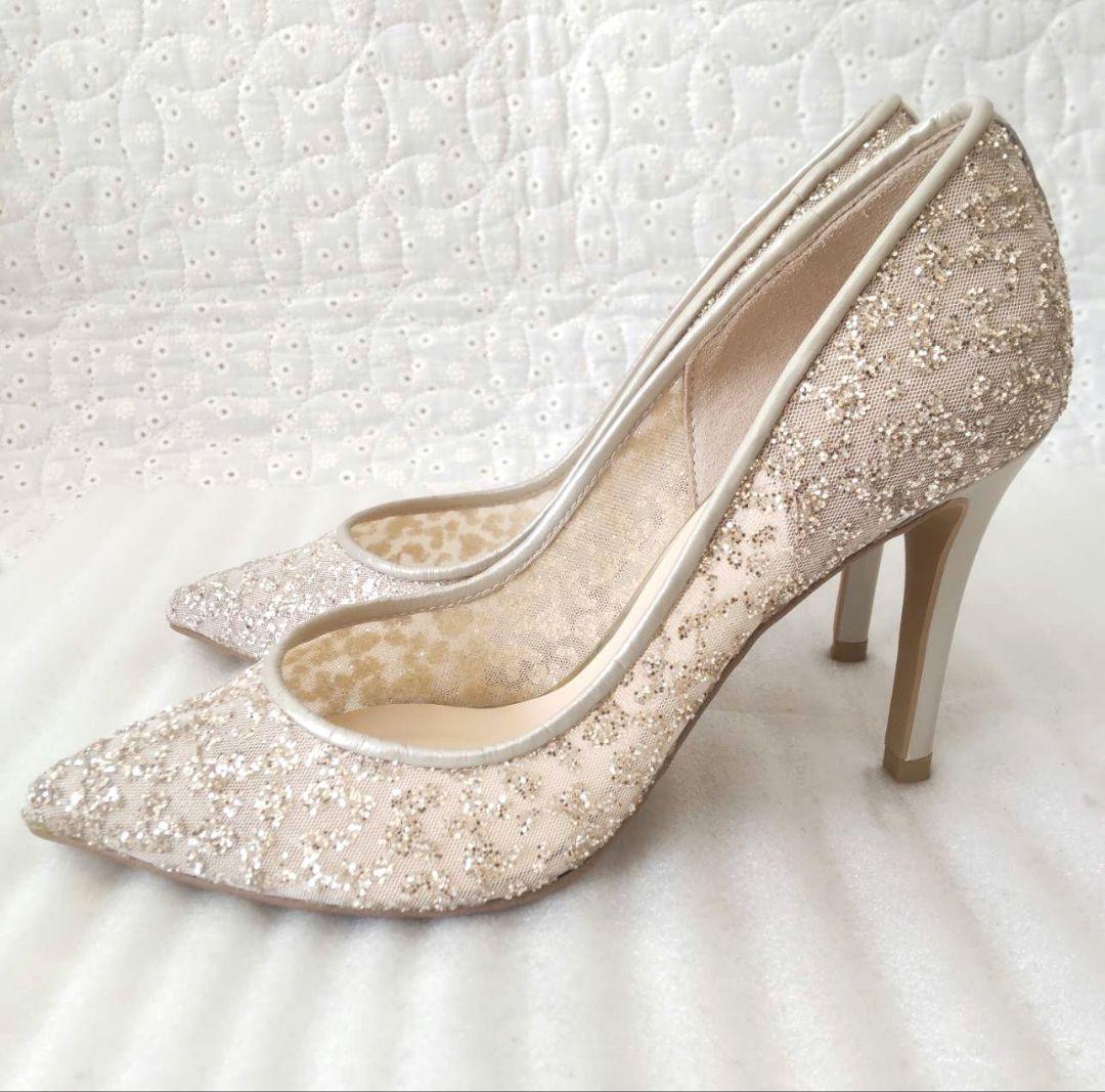 美品✨DIANA グリッターチュールハイヒール プラチナ ウェディング 22.5