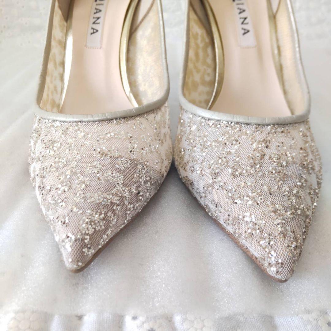 美品✨DIANA グリッターチュールハイヒール プラチナ ウェディング 22.5