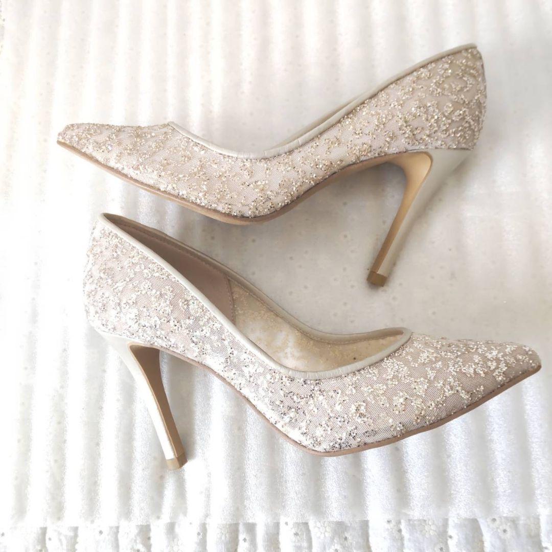 美品✨DIANA グリッターチュールハイヒール プラチナ ウェディング 22.5