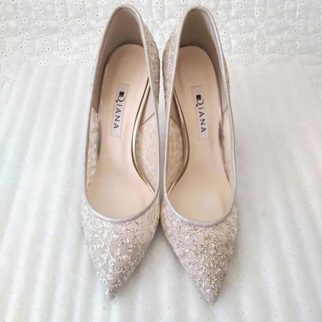 美品✨DIANA グリッターチュールハイヒール プラチナ ウェディング 22.5