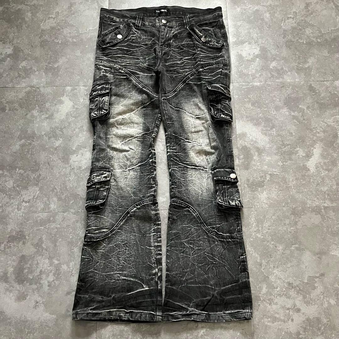 00s black cargo flared pants Y2K ロング丈