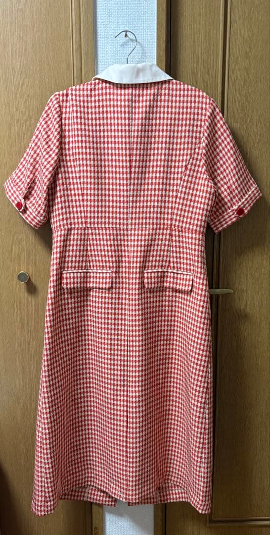 tnewties メニュー表で顔を隠している オープンカラー チェックワンピース