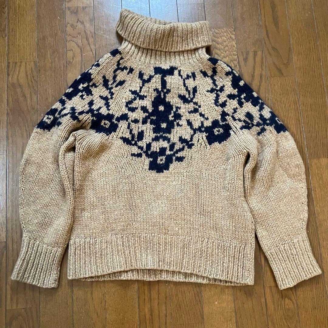 45R 45rpm ニット　模様　手編み ハンドメイド　茶　セーター　花　柄