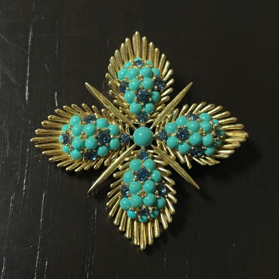 レア　TRIFARI ヴィンテージ　ターコイズ　カボション ブローチ