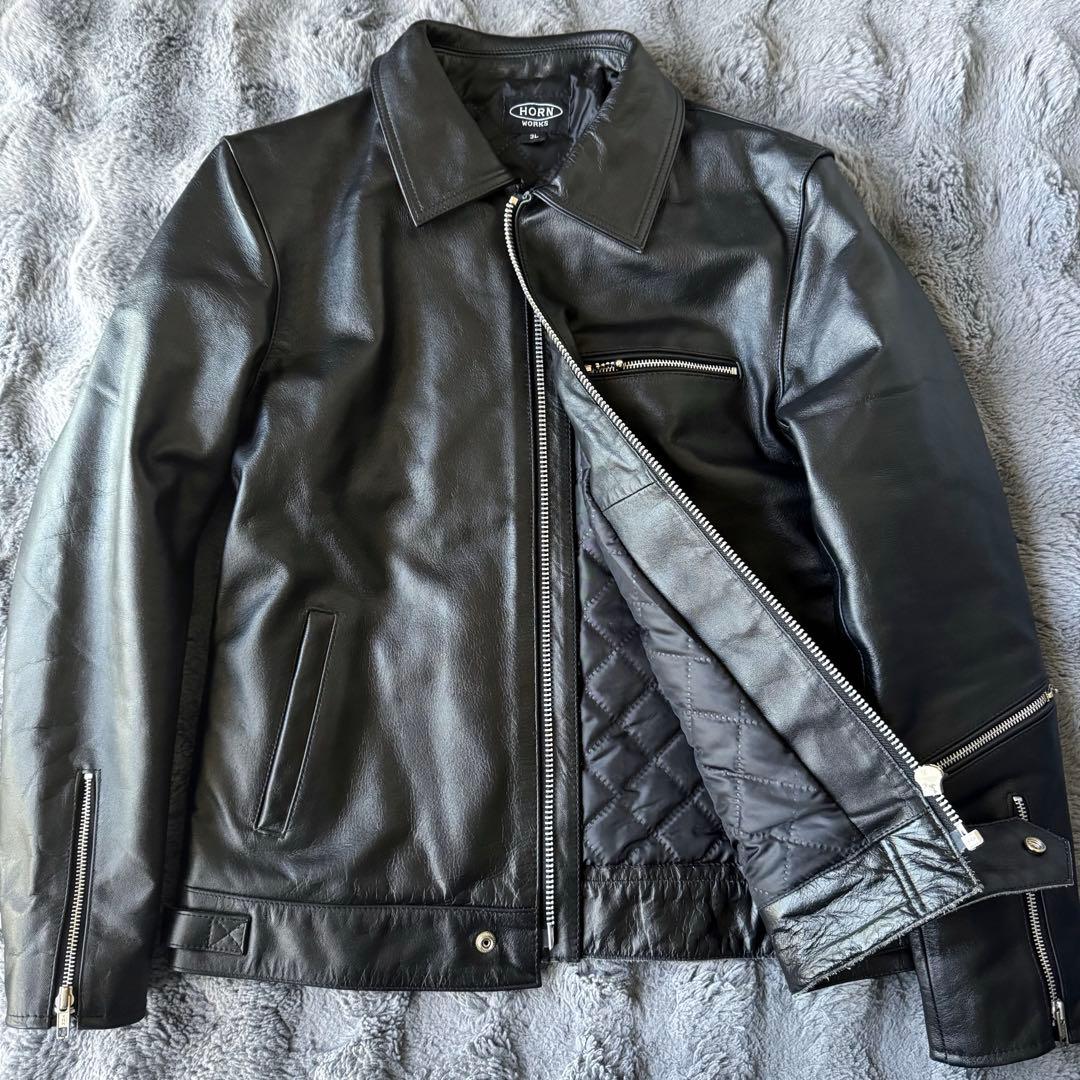 美品 HORN WORKS ブラック シングルライダース レザージャケット 3L