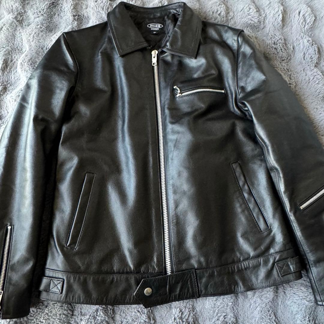 美品 HORN WORKS ブラック シングルライダース レザージャケット 3L