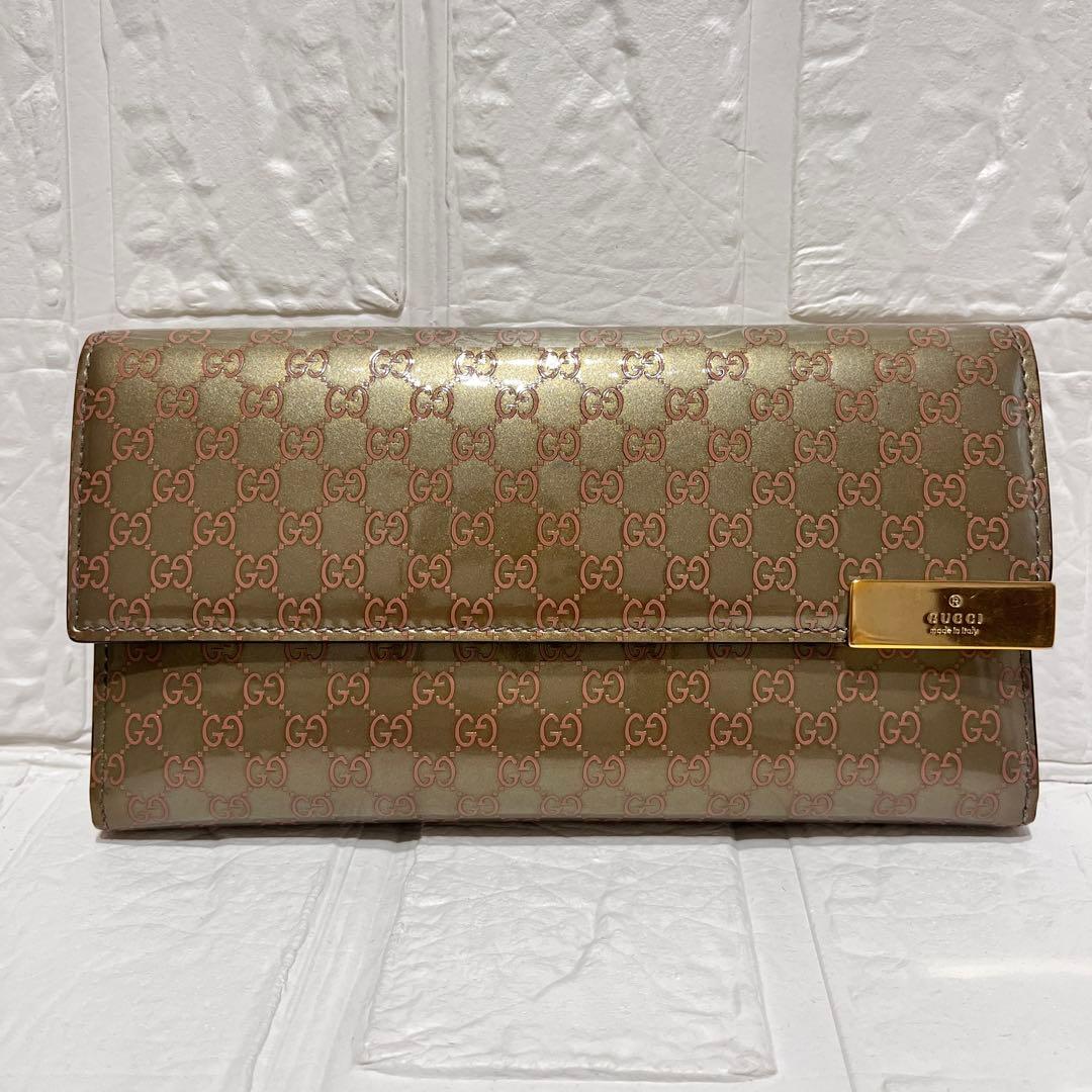 美品✨GUCCI レアカラー　マイクロシマ　GG柄 メタリックカーキ　エナメル