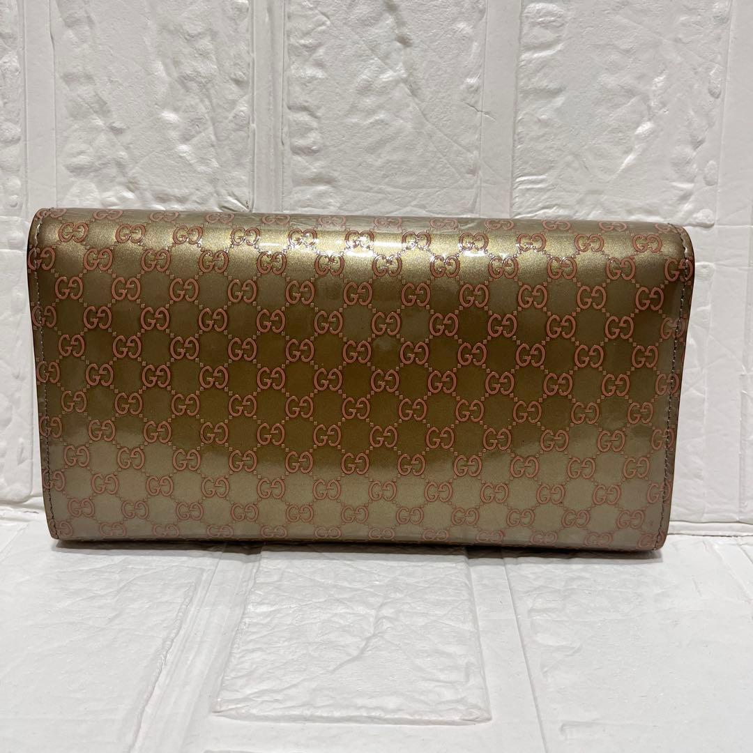美品✨GUCCI レアカラー　マイクロシマ　GG柄 メタリックカーキ　エナメル