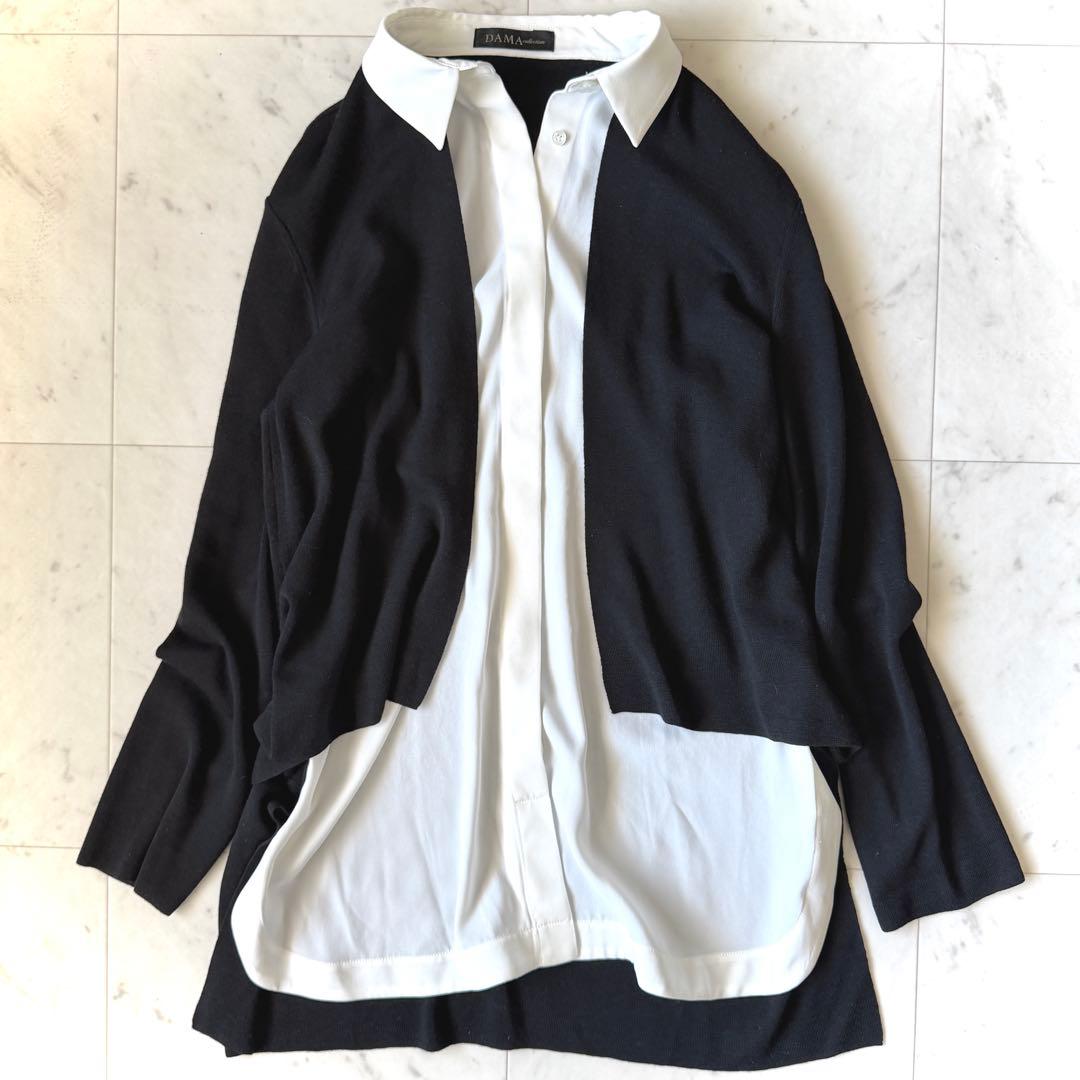 極美品 ダーマコレクション ニットカーディガンドッキングブラウス 黒×白 LL