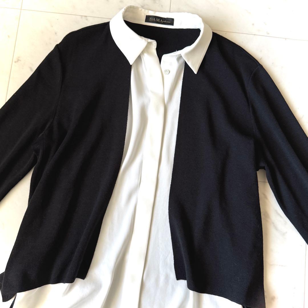 極美品 ダーマコレクション ニットカーディガンドッキングブラウス 黒×白 LL