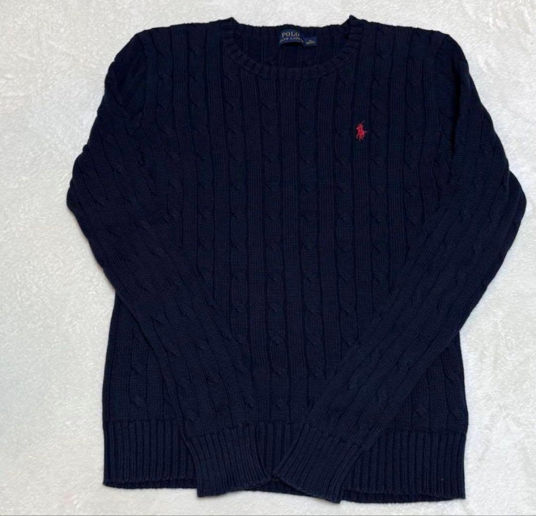 ❤️ラルフローレン大人気クルーネックケーブルニットセーター現行品ネイビー×レッドM